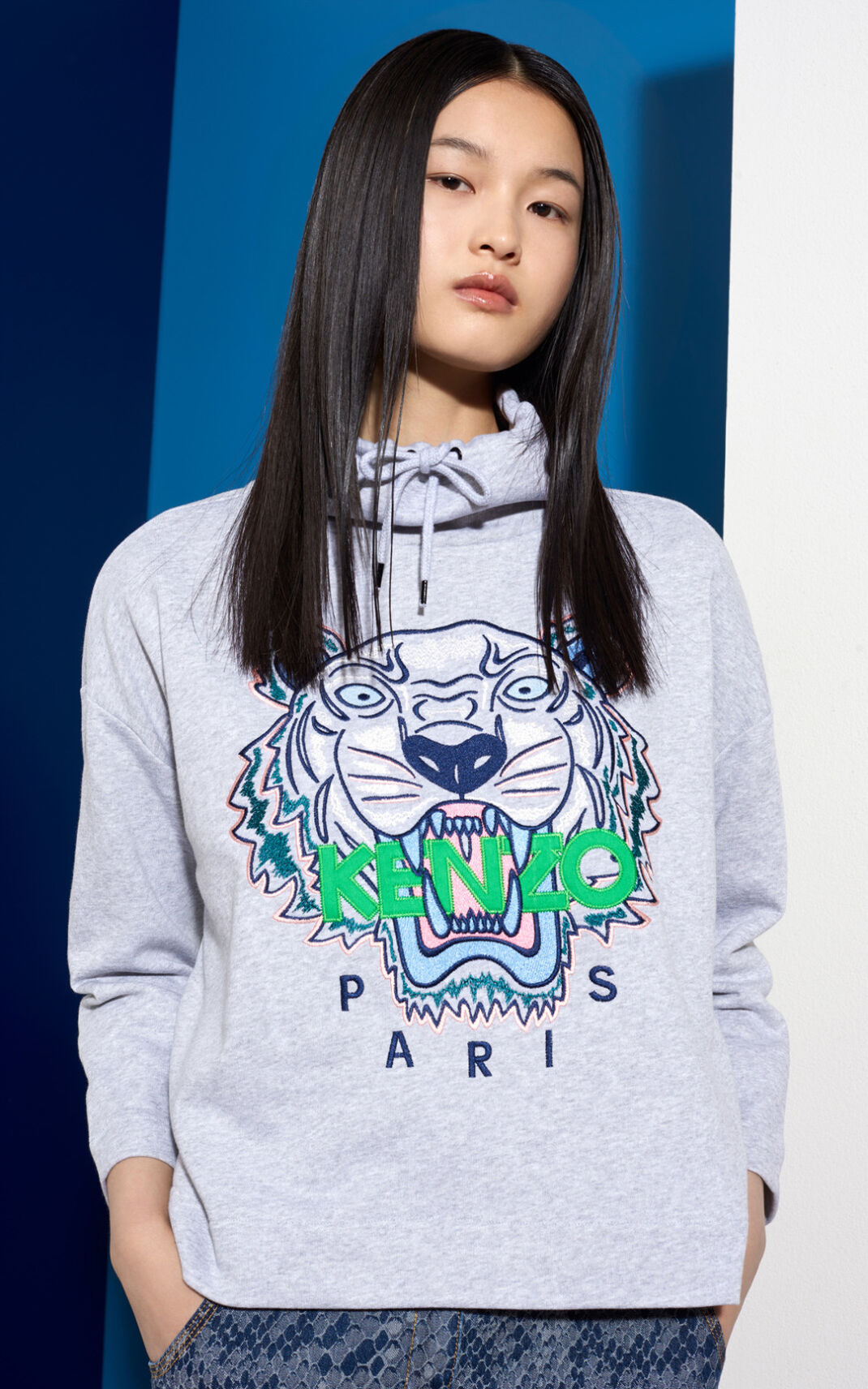 Kenzo Funnel Neck Tiger φούτερ γυναικεια γκρι | GR564272